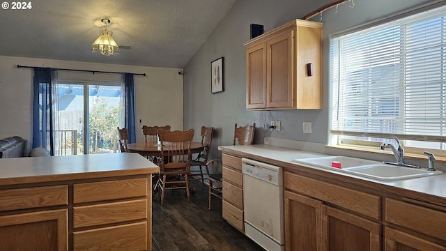 4072 Forsythia St, Springfield, OR 97478 - kitchen featuring white dishwasher, a sink, dark wood-style floors, a textured ceiling, and light countertops