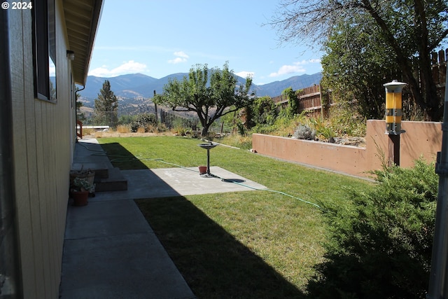 view of yard featuring a mountain view and a patio