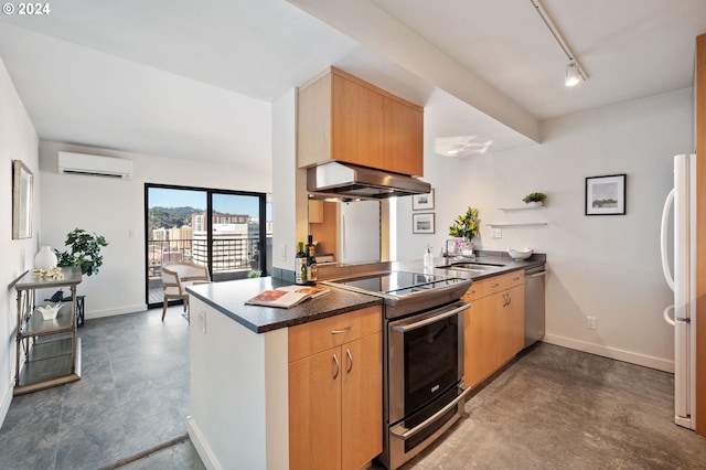 kitchen with sink, a wall mounted air conditioner, kitchen peninsula, island range hood, and appliances with stainless steel finishes