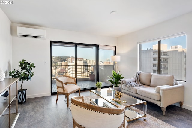 living room with an AC wall unit and a healthy amount of sunlight