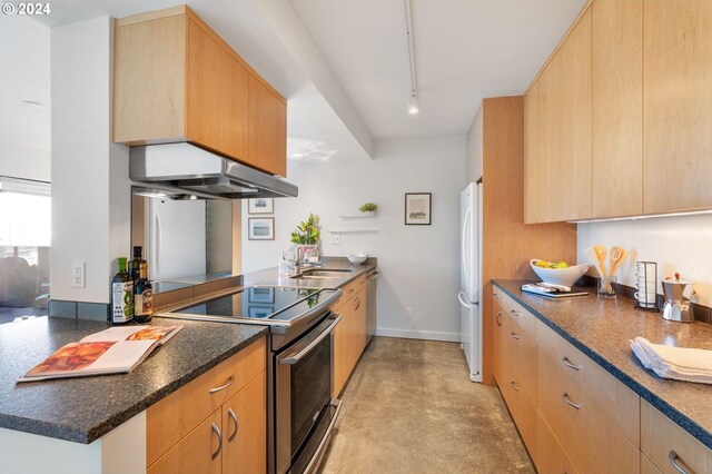 kitchen featuring kitchen peninsula, track lighting, stainless steel appliances, extractor fan, and sink