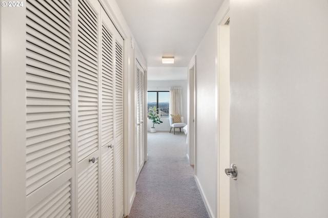 hallway featuring light colored carpet