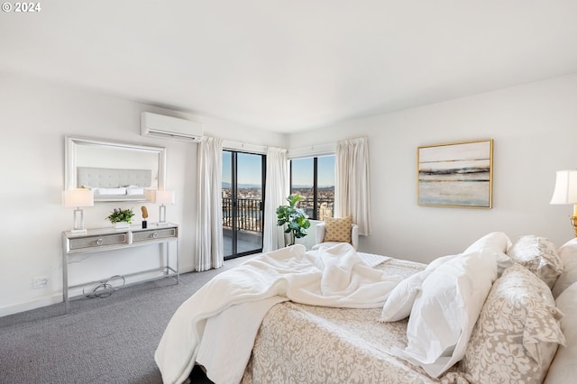 bedroom with a wall mounted air conditioner, carpet flooring, and access to exterior