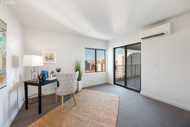 carpeted home office with a wall unit AC