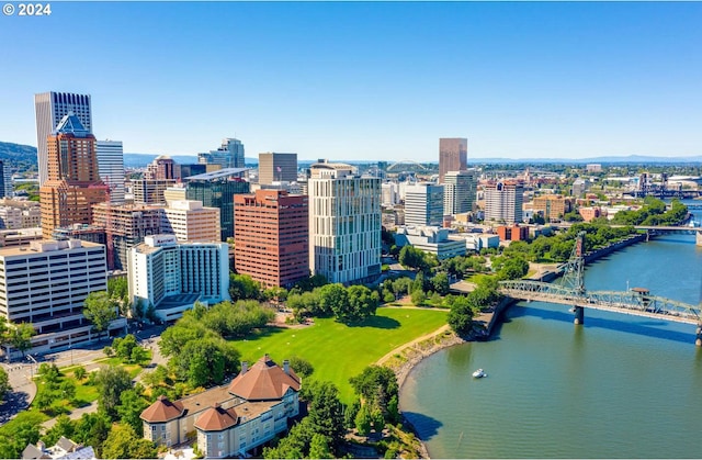 bird's eye view with a water view