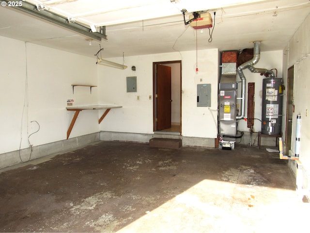 garage with heating unit, a garage door opener, electric panel, and water heater