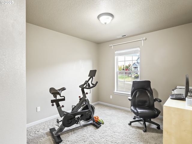 exercise room with carpet and a textured ceiling