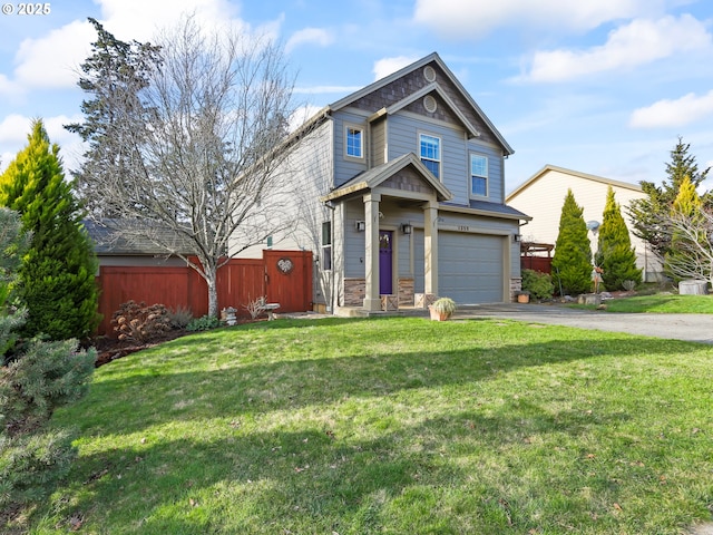 craftsman-style home with driveway, a garage, stone siding, fence, and a front lawn