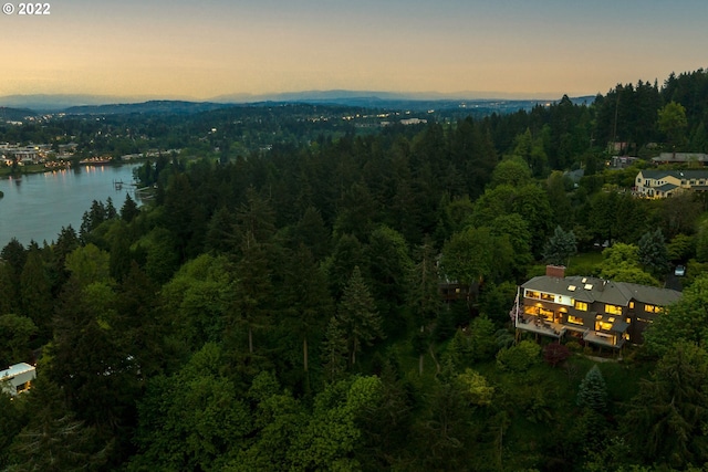 aerial view at dusk featuring a water view