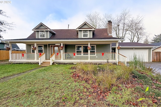 view of front of house with a front yard, a porch, and a garage