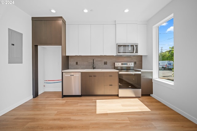 kitchen featuring white cabinets, electric panel, plenty of natural light, and appliances with stainless steel finishes