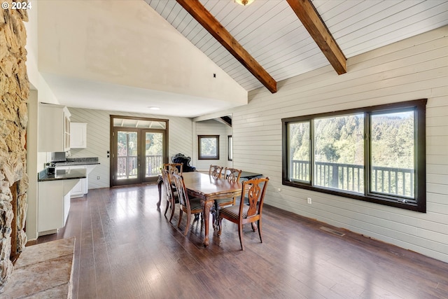 11635 NW Seavey Rd, Forest Grove, OR 97116 - dining space with wood walls, beamed ceiling, dark wood finished floors, french doors, and high vaulted ceiling