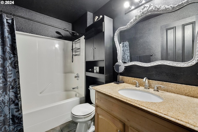 11635 NW Seavey Rd, Forest Grove, OR 97116 - bathroom featuring shower / tub combo, toilet, vanity, a textured wall, and tile patterned floors