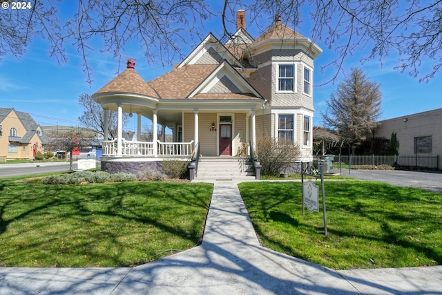 victorian-style house featuring a front yard and a porch