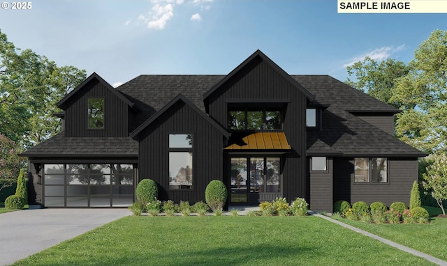 14100 Knaus Rd, Lake Oswego, OR 97034 - modern inspired farmhouse featuring a shingled roof, a front lawn, concrete driveway, a garage, and french doors