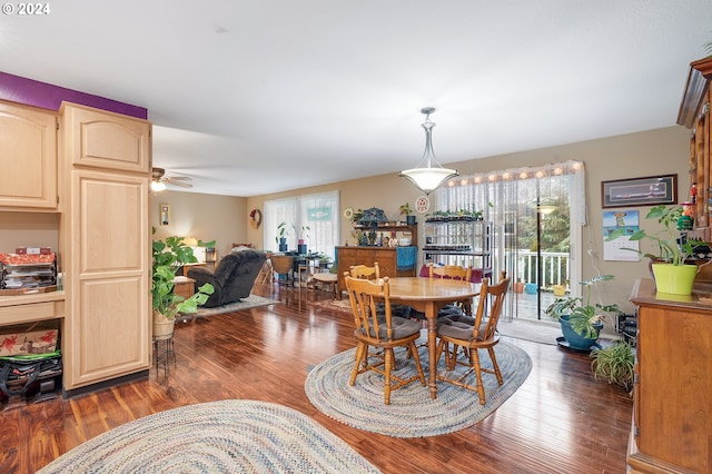 dining area with dark hardwood / wood-style floors, a wealth of natural light, and ceiling fan