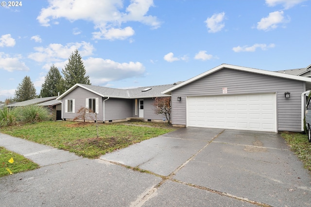 18095 Bluff Rd, Sandy, OR 97055 - ranch-style home with an attached garage, asphalt driveway, crawl space, a front yard, and a shingled roof