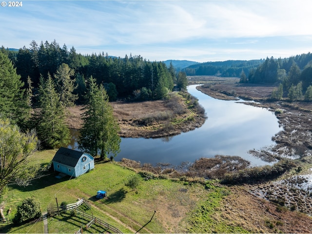 bird's eye view with a water view