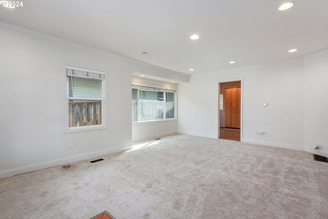 unfurnished room with ornamental molding and light carpet