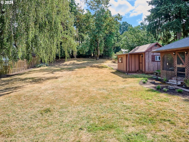 view of yard featuring a storage shed