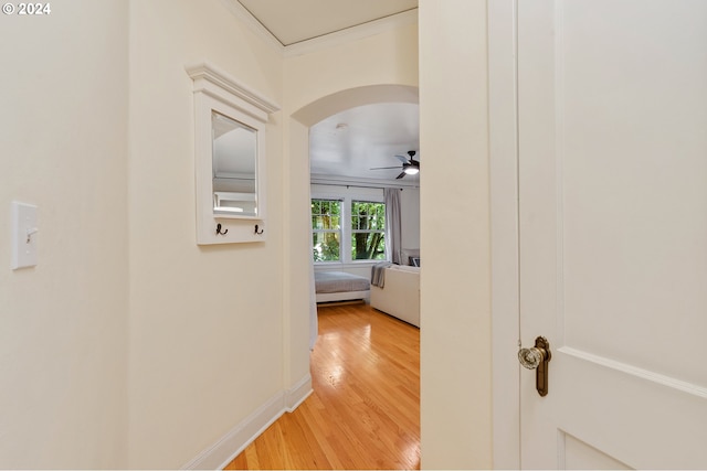 hall featuring crown molding and light hardwood / wood-style flooring