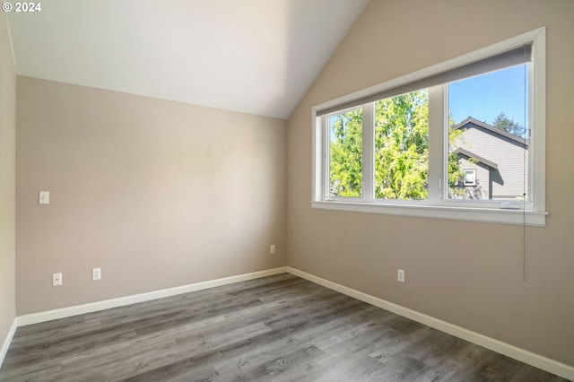 unfurnished room featuring lofted ceiling and hardwood / wood-style flooring