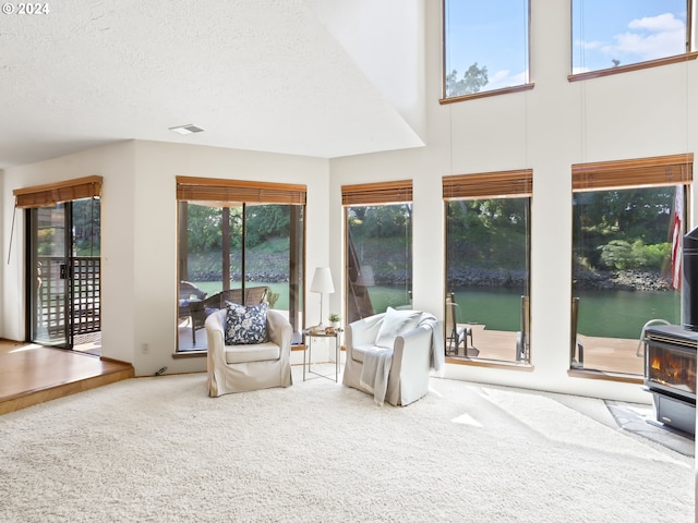 sunroom / solarium with a water view and a wood stove