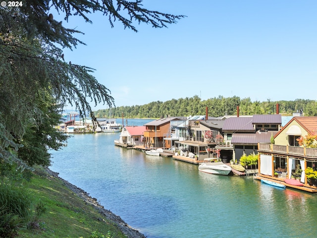 property view of water with a dock