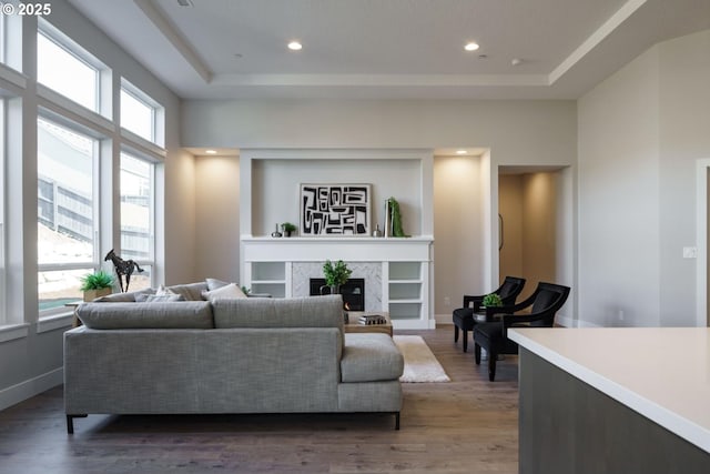 living room featuring dark wood-type flooring, plenty of natural light, and a raised ceiling