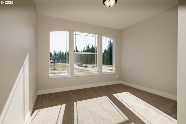 spare room with vaulted ceiling and dark carpet