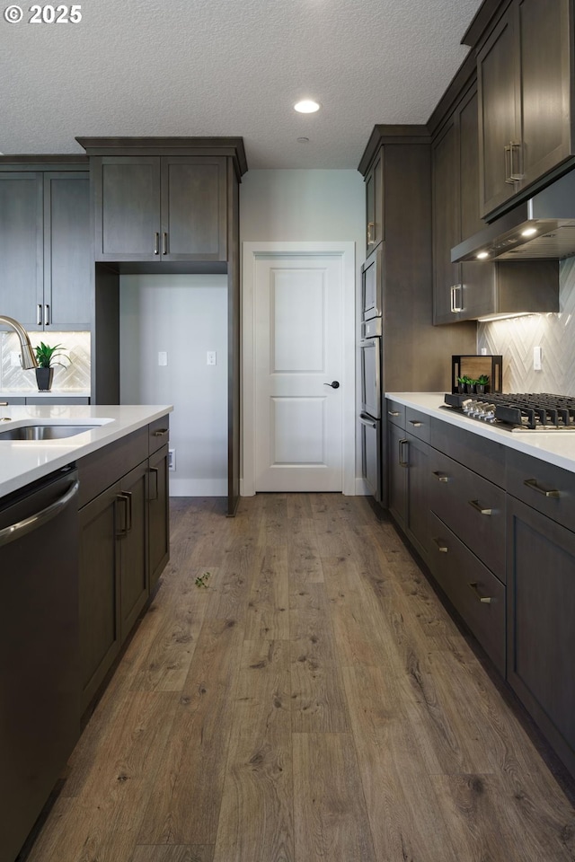 kitchen with dark brown cabinetry, sink, tasteful backsplash, dark hardwood / wood-style floors, and stainless steel appliances