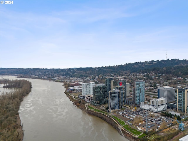 birds eye view of property featuring a water view