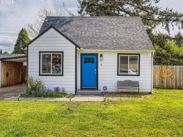 bungalow with a front lawn