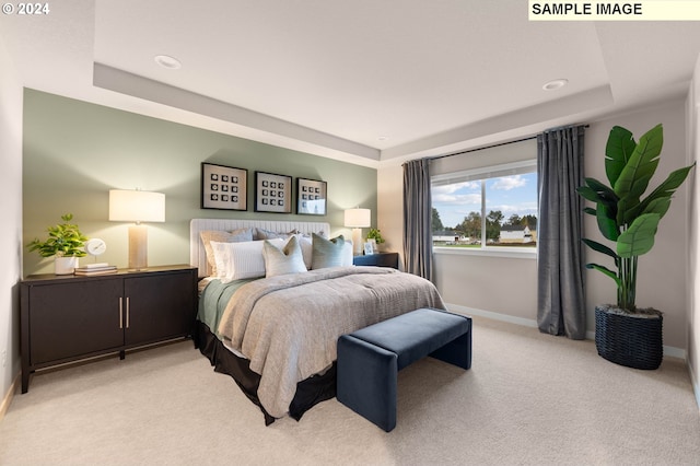 bedroom featuring a raised ceiling and light colored carpet