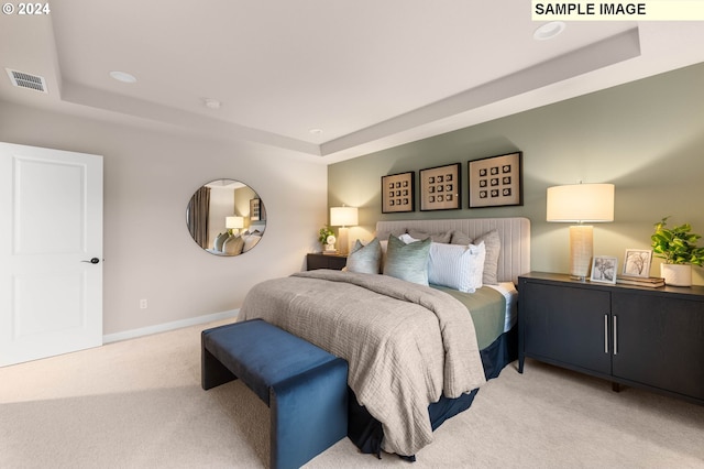 carpeted bedroom with a raised ceiling