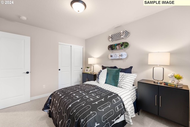 bedroom featuring light carpet