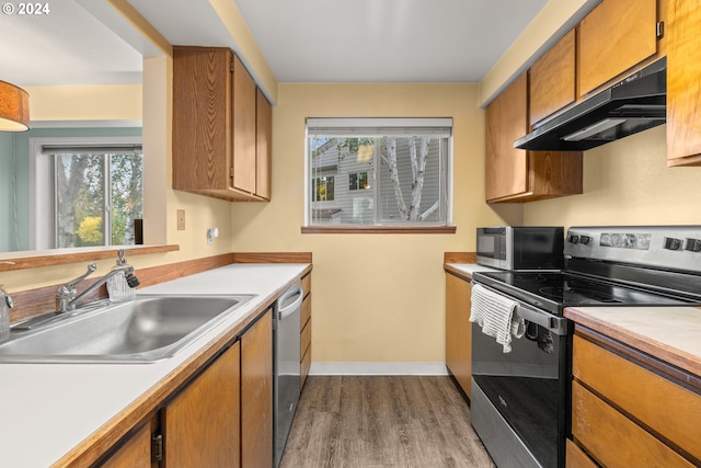 kitchen with sink, dark wood-type flooring, a wealth of natural light, and stainless steel appliances