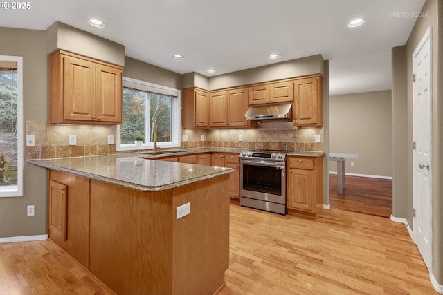 kitchen featuring kitchen peninsula, light stone countertops, electric stove, light hardwood / wood-style flooring, and backsplash