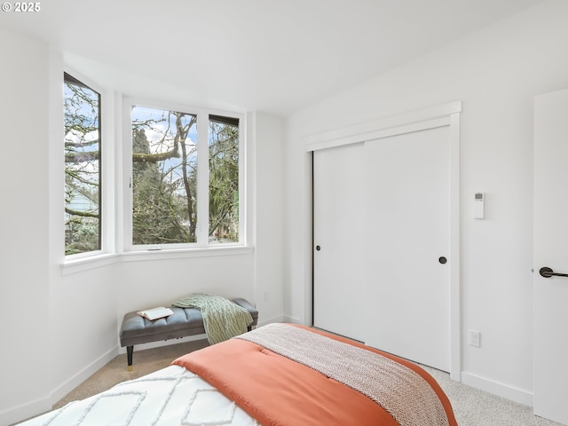 bedroom with a closet and light colored carpet