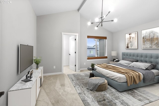 carpeted bedroom featuring high vaulted ceiling, ensuite bath, and an inviting chandelier