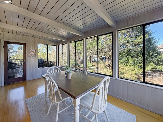 unfurnished sunroom featuring lofted ceiling with beams and wood ceiling