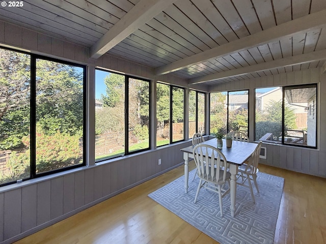 sunroom featuring beam ceiling, wood ceiling, and a healthy amount of sunlight