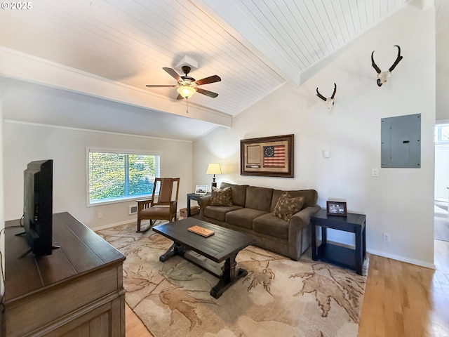 living room with electric panel, vaulted ceiling with beams, light hardwood / wood-style floors, ceiling fan, and wooden ceiling