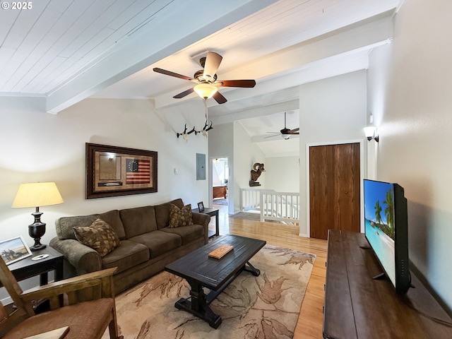 living room with light wood-type flooring, electric panel, and vaulted ceiling with beams