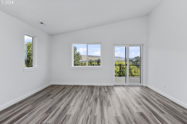 spare room with a healthy amount of sunlight, light hardwood / wood-style floors, and vaulted ceiling