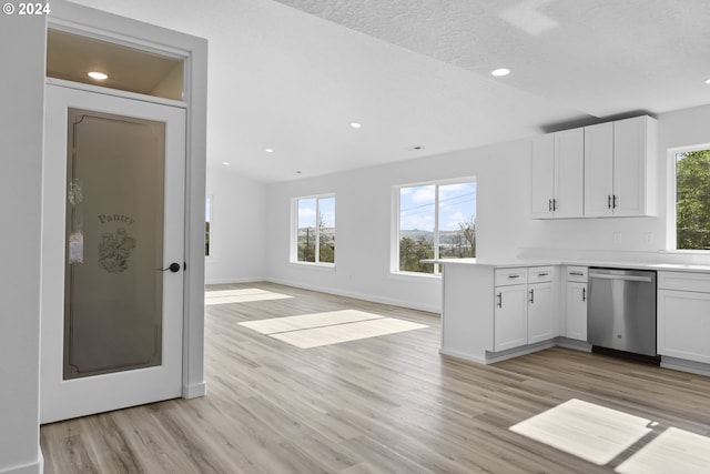 kitchen with a textured ceiling, stainless steel dishwasher, a wealth of natural light, and white cabinets