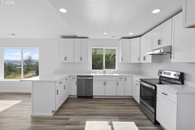 kitchen with sink, kitchen peninsula, dark wood-type flooring, white cabinetry, and appliances with stainless steel finishes