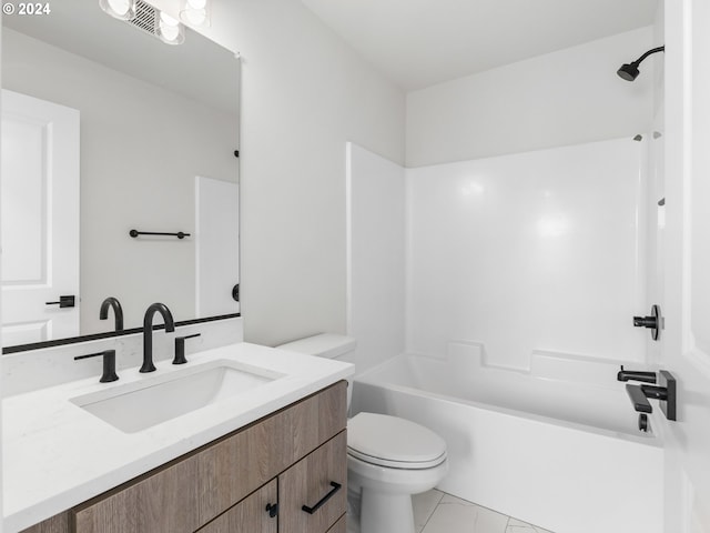 full bathroom with toilet, tub / shower combination, and vanity