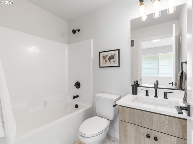 full bathroom with vanity, toilet, bathtub / shower combination, and tile patterned flooring