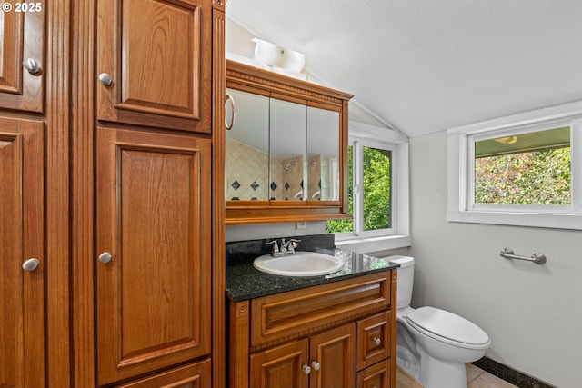 512 4th St, Myrtle Point, OR 97458 - bathroom featuring lofted ceiling, toilet, vanity, and tile patterned floors